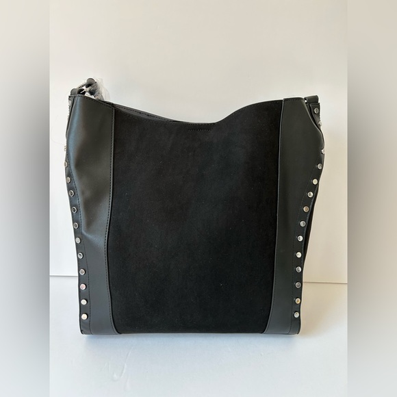 TOPSHOP Silver Studded Black Faux Suede Faux Leather Large Bag NWT - Picture 3 of 7